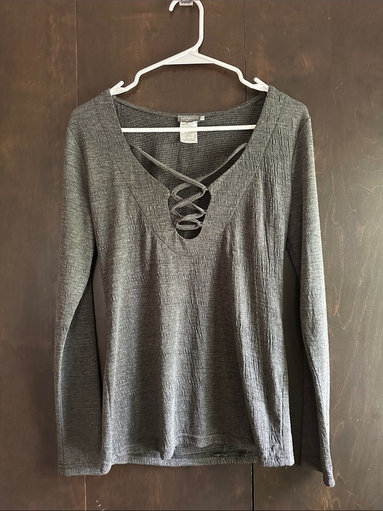 EARTHBOUND Tops - EARTHBOUND Charcoal Gray Lace-Up V-Neck Long Sleeve Top
